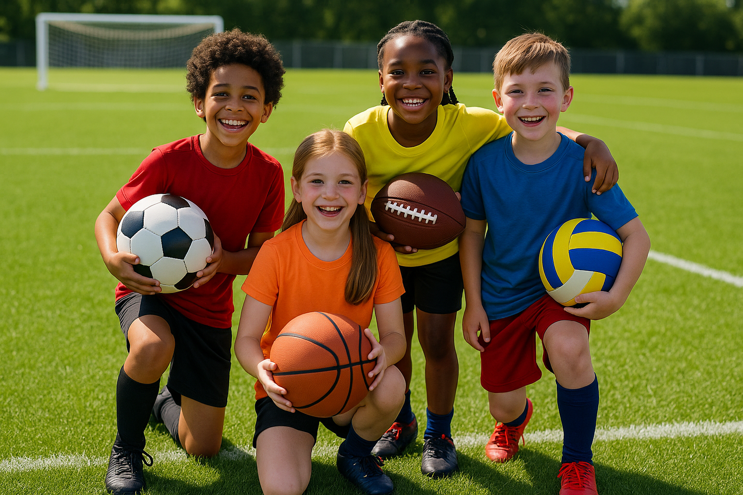 kids holding sports ball on a soccerfield taking a picture smiling