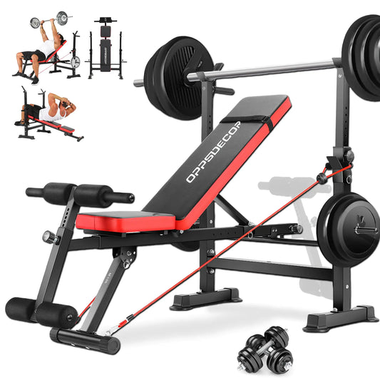 OPPSDECOR Adjustable Weight Bench Set with Squat Barbell Rack and Removable Foot Bracket